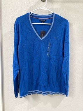Tommy Hilfiger women Royal Blue V-Neck Diamond Knit Sweater with Light Blue Trim